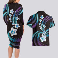 Hawaii Plumeria Couples Matching Long Sleeve Bodycon Dress and Hawaiian Shirt Amethyst Gradient Polynesian Pattern