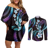 Hawaii Plumeria Couples Matching Off Shoulder Short Dress and Long Sleeve Button Shirt Amethyst Gradient Polynesian Pattern