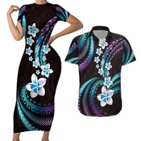 Hawaii Plumeria Couples Matching Short Sleeve Bodycon Dress and Hawaiian Shirt Amethyst Gradient Polynesian Pattern