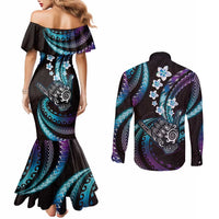 Hawaii Shaka Sign Couples Matching Mermaid Dress and Long Sleeve Button Shirt Fantastic Frangipani Amethyst Gradient