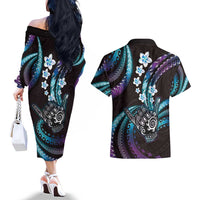 Hawaii Shaka Sign Couples Matching Off The Shoulder Long Sleeve Dress and Hawaiian Shirt Fantastic Frangipani Amethyst Gradient