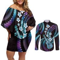 Hawaiian Ukulele Couples Matching Off Shoulder Short Dress and Long Sleeve Button Shirt Amethyst Gradient Fantastic Plumeria