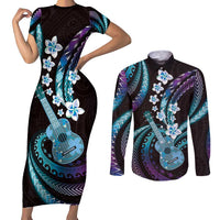 Hawaiian Ukulele Couples Matching Short Sleeve Bodycon Dress and Long Sleeve Button Shirt Amethyst Gradient Fantastic Plumeria