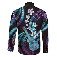 Hawaiian Ukulele Family Matching Off The Shoulder Long Sleeve Dress and Hawaiian Shirt Amethyst Gradient Fantastic Plumeria