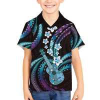 Hawaiian Ukulele Family Matching Off Shoulder Short Dress and Hawaiian Shirt Amethyst Gradient Fantastic Plumeria