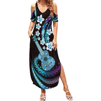 Hawaiian Ukulele Family Matching Summer Maxi Dress and Hawaiian Shirt Amethyst Gradient Fantastic Plumeria