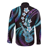 Hawaiian Ukulele Long Sleeve Button Shirt Amethyst Gradient Fantastic Plumeria