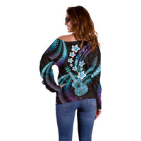 Hawaiian Ukulele Off Shoulder Sweater Amethyst Gradient Fantastic Plumeria