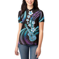 Hawaiian Ukulele Women Polo Shirt Amethyst Gradient Fantastic Plumeria