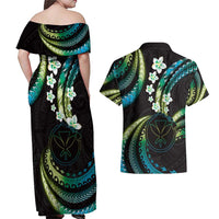 Hawaii Map Kanaka Maoli Couples Matching Off Shoulder Maxi Dress and Hawaiian Shirt Fantastic Frangipani Chartreuse Cyan