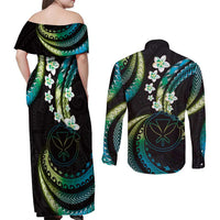 Hawaii Map Kanaka Maoli Couples Matching Off Shoulder Maxi Dress and Long Sleeve Button Shirt Fantastic Frangipani Chartreuse Cyan