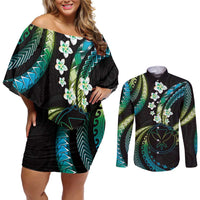 Hawaii Map Kanaka Maoli Couples Matching Off Shoulder Short Dress and Long Sleeve Button Shirt Fantastic Frangipani Chartreuse Cyan