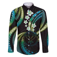 Hawaii Map Kanaka Maoli Family Matching Off Shoulder Short Dress and Hawaiian Shirt Fantastic Frangipani Chartreuse Cyan