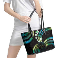 Hawaii Map Kanaka Maoli Leather Tote Bag Fantastic Frangipani Chartreuse Cyan