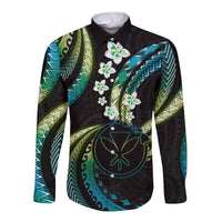 Hawaii Map Kanaka Maoli Long Sleeve Button Shirt Fantastic Frangipani Chartreuse Cyan