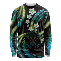 Hawaii Map Kanaka Maoli Long Sleeve Shirt Fantastic Frangipani Chartreuse Cyan