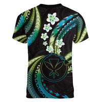 Hawaii Map Kanaka Maoli Women V-Neck T-Shirt Fantastic Frangipani Chartreuse Cyan