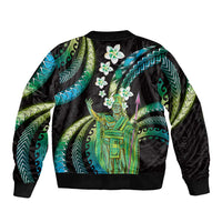 Hawaii King Kamehameha Bomber Jacket Fantastic Plumeria Chartreuse Cyan