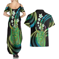 Hawaii King Kamehameha Couples Matching Summer Maxi Dress and Hawaiian Shirt Fantastic Plumeria Chartreuse Cyan