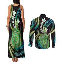 Hawaii King Kamehameha Couples Matching Tank Maxi Dress and Long Sleeve Button Shirt Fantastic Plumeria Chartreuse Cyan