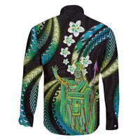 Hawaii King Kamehameha Family Matching Off The Shoulder Long Sleeve Dress and Hawaiian Shirt Fantastic Plumeria Chartreuse Cyan