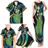 Hawaii King Kamehameha Family Matching Tank Maxi Dress and Hawaiian Shirt Fantastic Plumeria Chartreuse Cyan
