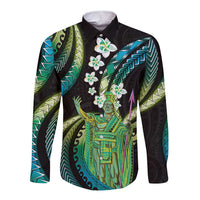 Hawaii King Kamehameha Long Sleeve Button Shirt Fantastic Plumeria Chartreuse Cyan