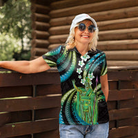 Hawaii King Kamehameha Women Polo Shirt Fantastic Plumeria Chartreuse Cyan