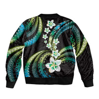 Hawaii Plumeria Bomber Jacket Chartreuse Cyan Polynesian Pattern