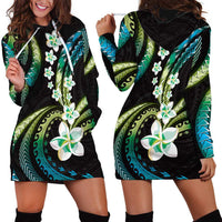 Hawaii Plumeria Hoodie Dress Chartreuse Cyan Polynesian Pattern
