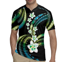 Hawaii Plumeria Rugby Jersey Chartreuse Cyan Polynesian Pattern