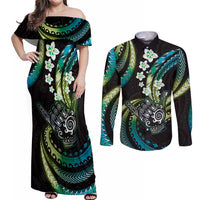 Hawaii Shaka Sign Couples Matching Off Shoulder Maxi Dress and Long Sleeve Button Shirt Fantastic Frangipani Chartreuse Cyan