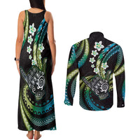 Hawaii Shaka Sign Couples Matching Tank Maxi Dress and Long Sleeve Button Shirt Fantastic Frangipani Chartreuse Cyan