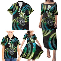 Hawaii Shaka Sign Family Matching Puletasi and Hawaiian Shirt Fantastic Frangipani Chartreuse Cyan