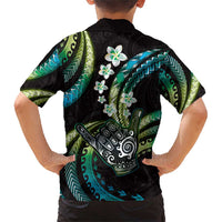 Hawaii Shaka Sign Family Matching Short Sleeve Bodycon Dress and Hawaiian Shirt Fantastic Frangipani Chartreuse Cyan