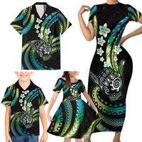 Hawaii Shaka Sign Family Matching Short Sleeve Bodycon Dress and Hawaiian Shirt Fantastic Frangipani Chartreuse Cyan