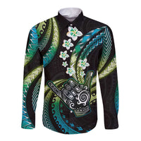 Hawaii Shaka Sign Long Sleeve Button Shirt Fantastic Frangipani Chartreuse Cyan