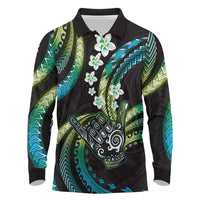 Hawaii Shaka Sign Long Sleeve Polo Shirt Fantastic Frangipani Chartreuse Cyan