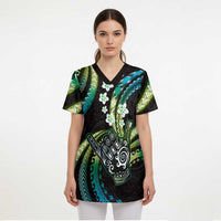 Hawaii Shaka Sign Scrub Top Fantastic Frangipani Chartreuse Cyan - Polynesian Pride