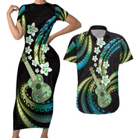 Hawaiian Ukulele Couples Matching Short Sleeve Bodycon Dress and Hawaiian Shirt Chartreuse Cyan Fantastic Plumeria