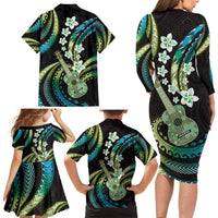 Hawaiian Ukulele Family Matching Long Sleeve Bodycon Dress and Hawaiian Shirt Chartreuse Cyan Fantastic Plumeria