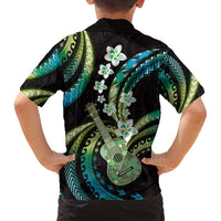 Hawaiian Ukulele Family Matching Off Shoulder Maxi Dress and Hawaiian Shirt Chartreuse Cyan Fantastic Plumeria