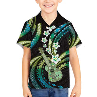 Hawaiian Ukulele Family Matching Summer Maxi Dress and Hawaiian Shirt Chartreuse Cyan Fantastic Plumeria