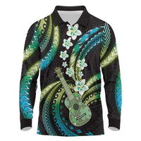 Hawaiian Ukulele Long Sleeve Polo Shirt Chartreuse Cyan Fantastic Plumeria