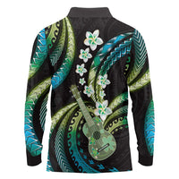 Hawaiian Ukulele Long Sleeve Polo Shirt Chartreuse Cyan Fantastic Plumeria