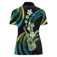 Hawaiian Ukulele Women Polo Shirt Chartreuse Cyan Fantastic Plumeria