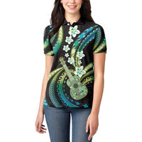 Hawaiian Ukulele Women Polo Shirt Chartreuse Cyan Fantastic Plumeria
