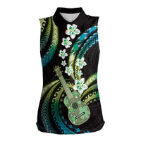 Hawaiian Ukulele Women Sleeveless Polo Shirt Chartreuse Cyan Fantastic Plumeria