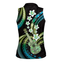 Hawaiian Ukulele Women Sleeveless Polo Shirt Chartreuse Cyan Fantastic Plumeria