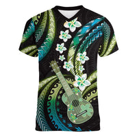 Hawaiian Ukulele Women V-Neck T-Shirt Chartreuse Cyan Fantastic Plumeria
